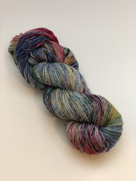 Hand Dyed Superwash  Merino Sock yarn, blue, red, purple, green, yellow with speckles. Ready to ship picture