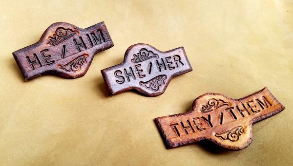 Leather Pin - Pronoun Pin, Identification Pin, Geeky Pins and More picture