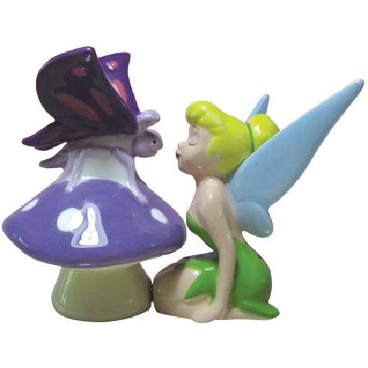 Disney's Tinkerbell Kissing a Butterfly Ceramic Salt and Pepper Shakers Set NEW picture