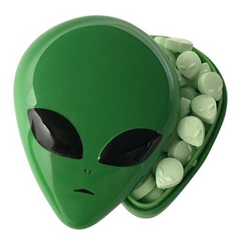 Green Alien Face Extraterrestrial Sours In Embossed Metal Tin NEW SEALED picture