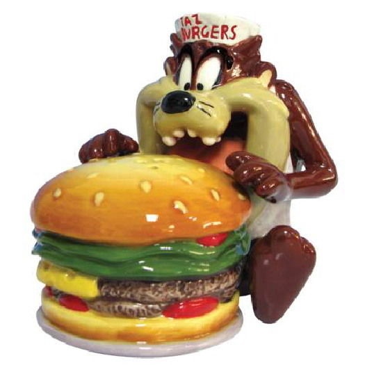 Looney Tunes Taz Eating a Burger Ceramic Salt and Pepper Shakers Set, NEW UNUSED
