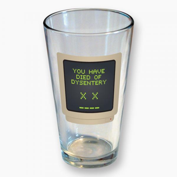 Oregon Trail Game You Have Died of Dysentery Phrase Clear Pint Glass NEW UNUSED