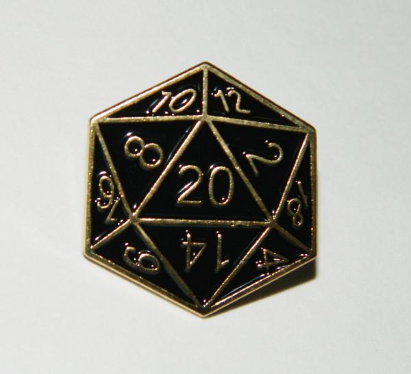 Role Play Gaming Black and Gold D20 Dice Metal Enamel Pin NEW UNUSED