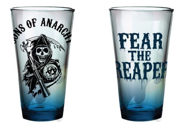 Sons of Anarchy Name and Fear the Reaper Logo Clear Pint Glass, NEW UNUSED
