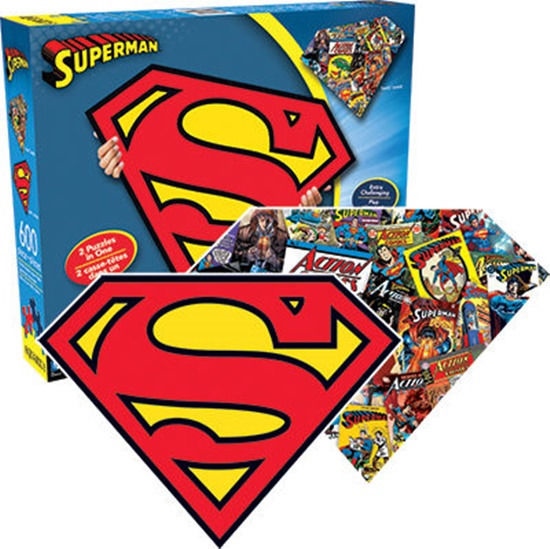 Superman Chest Logo and Comic Collage 600 Piece Die-Cut Two-Sided Jigsaw Puzzle picture