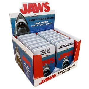 Jaws Movie Amity Island Sours Shark Tooth Candy Embossed Metal Tin Box of 12 picture