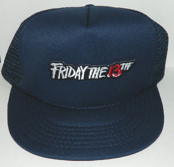 Friday The 13th Movie Name Logo Embroidered Patch on a Black Baseball Cap Hat