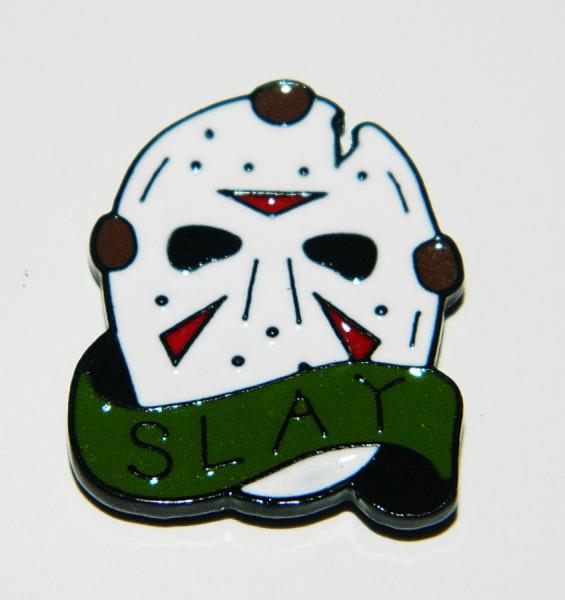 Friday The 13th Jason Face Wearing Mask with Slay Banner Metal Enamel Pin NEW