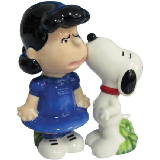Peanuts Snoopy Kissing Lucy Ceramic Salt and Pepper Shakers Set, NEW BOXED picture