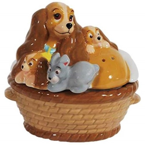 Walt Disney's Lady and the Tramp Lady with Puppies Salt and Pepper Shakers, NEW