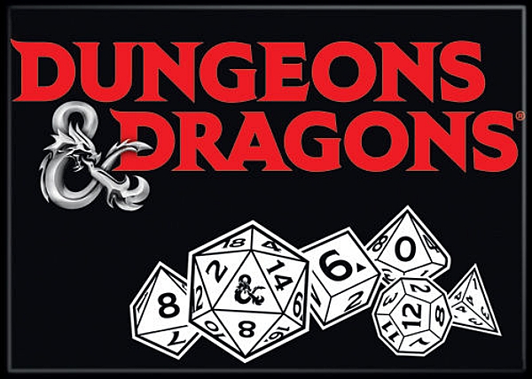 Dungeons & Dragons Game Name Logo Above Assorted Dice Refrigerator Magnet UNUSED