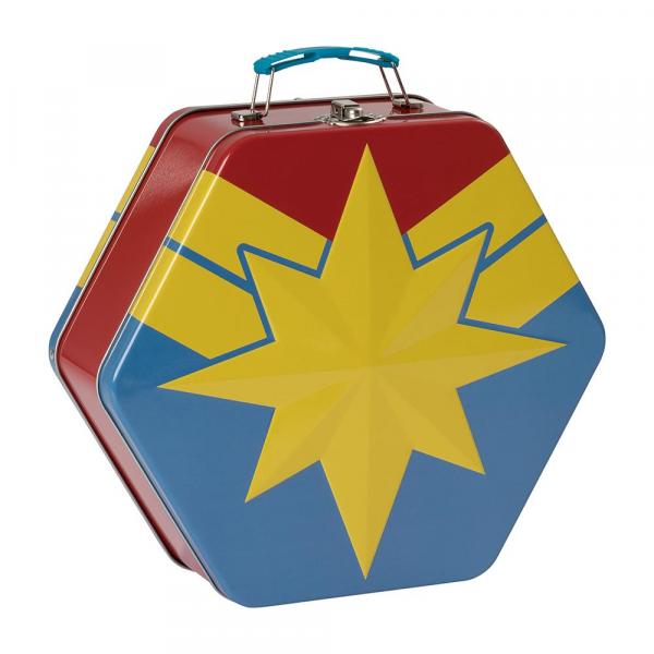 Marvel Comics Captain Marvel Movie Badge Shaped Large Tin Tote Lunchbox UNUSED picture