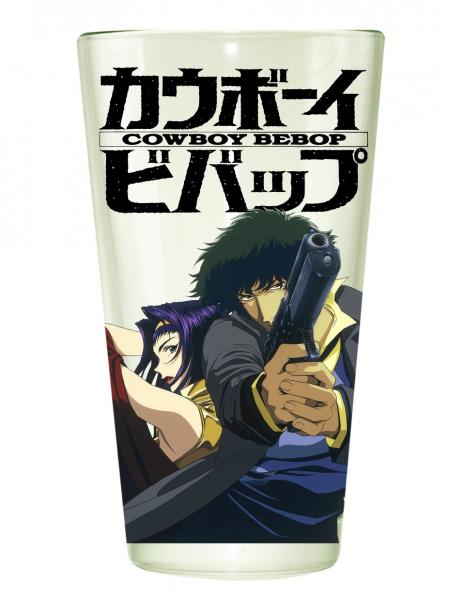 Cowboy Bebop Clear Pint Glass with Spike and Faye Pointing Guns NEW UNUSED