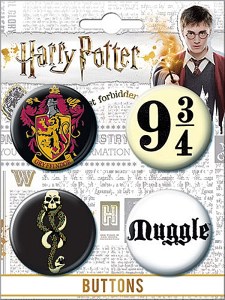 Harry Potter Movies Carded Set of 4 Round House Logo Buttons Set #3 NEW UNUSED picture