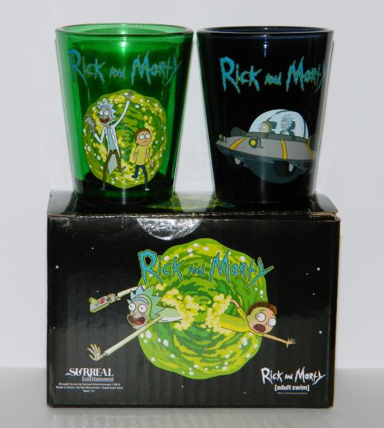 Rick and Morty Portal and Spaceship Illustrated Shot Glass Set of 2 NEW BOXED