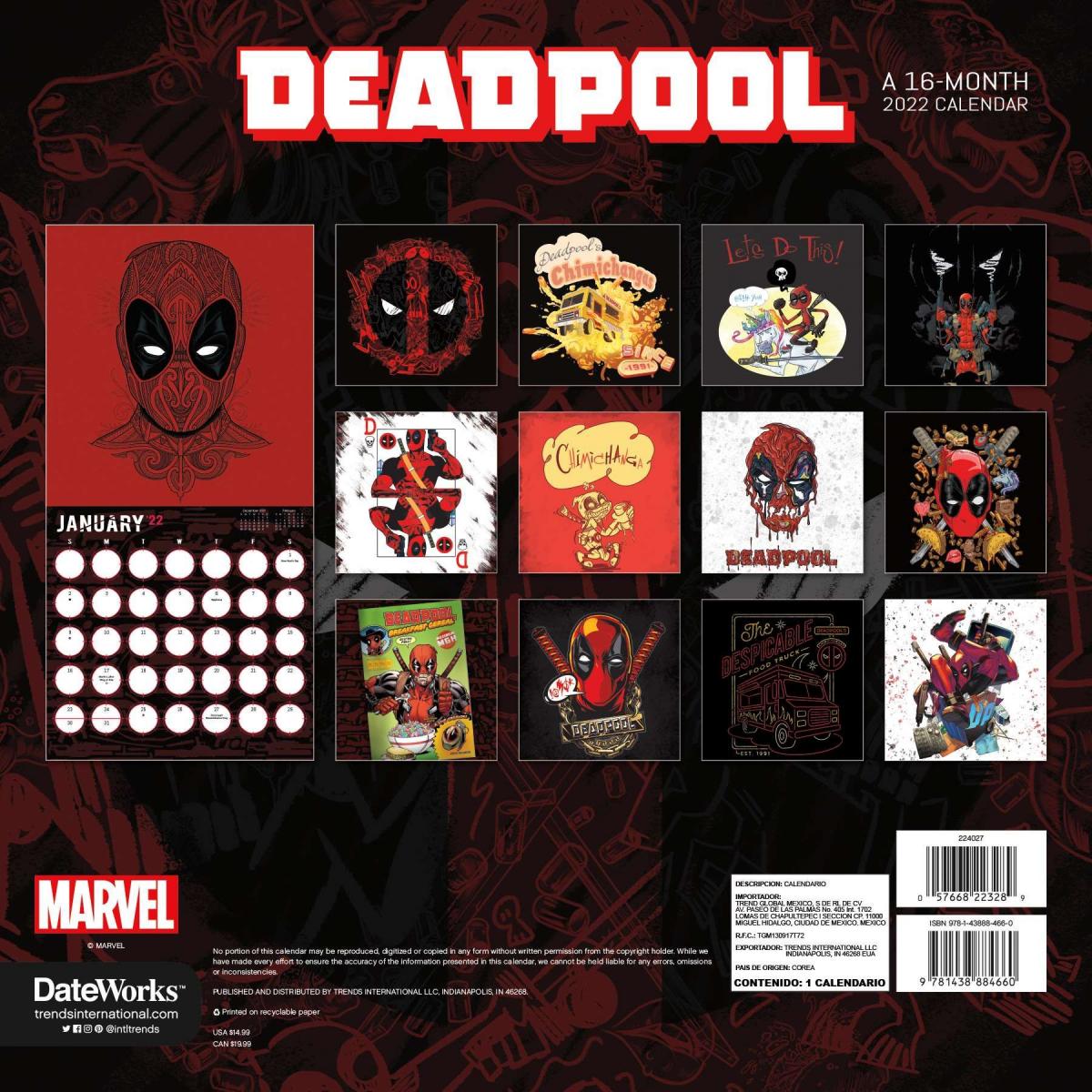 Marvel Comics Deadpool Comic Art 16 Month 2022 Wall Calendar NEW SEALED picture