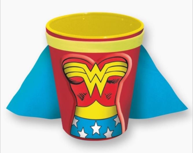 Wonder Woman Molded Chest Image with Cape Yellow and Red Shot Glass, NEW UNUSED picture