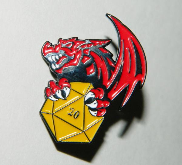 Red Gaming Dragon Holding a D20 Dice Metal Enamel Pin NEW UNUSED picture