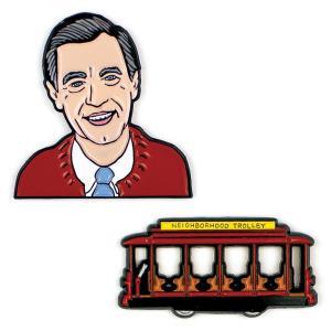 Mister Roger Face and Neighborhood Trolley Metal Lapel Pin Set of Two NEW UNUSED picture