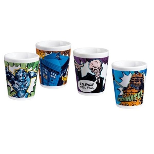 Doctor Who Comic Art Images Set of 4 Ceramic 2 oz Shot Mini Glasses, NEW BOXED