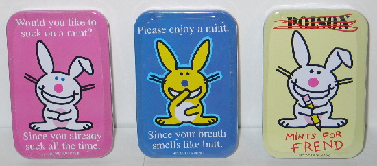 It's Happy Bunny Breath Mints in Humorous Illustrated Metal Tins Set of 3 SEALED picture