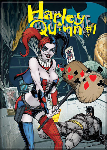 DC Comics Harley Quinn with Hammer Over Batman Art Refrigerator Magnet, NEW