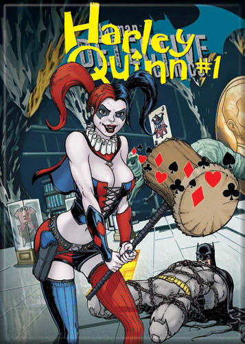 DC Comics Harley Quinn with Hammer Over Batman Art Refrigerator Magnet, NEW picture