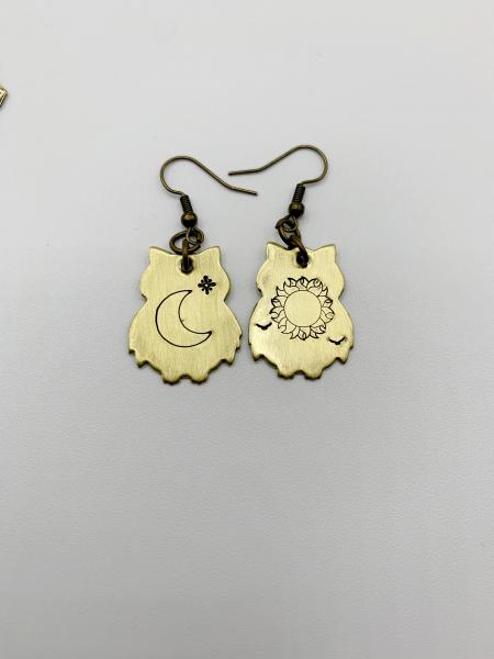 Brass night and day owl earrings