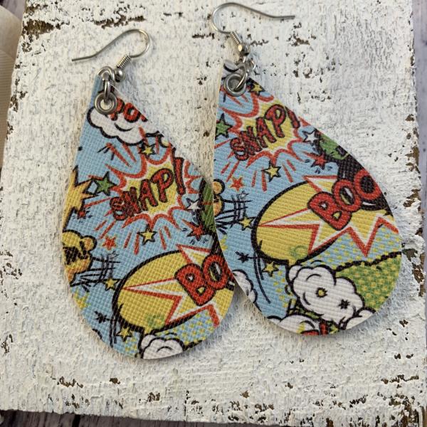 Comic action words faux leather earrings