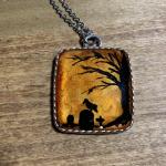 Tree, bird and tombstone painted necklace