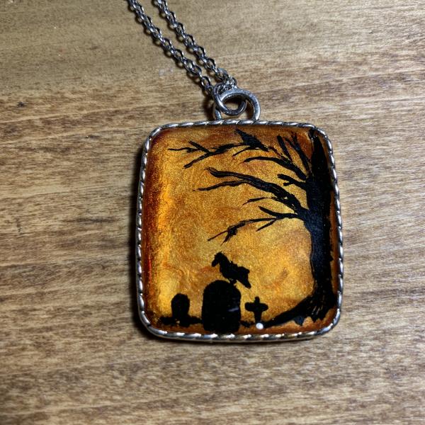 Tree, bird and tombstone painted necklace