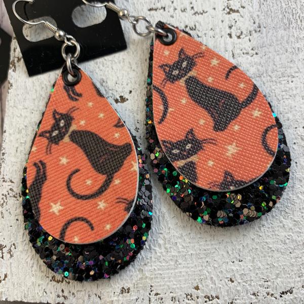 Black cat faux leather earrings