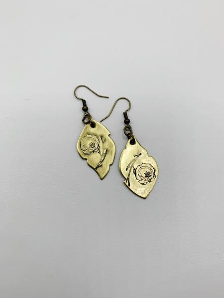 Brass leaf earrings with hand stamped flowers picture