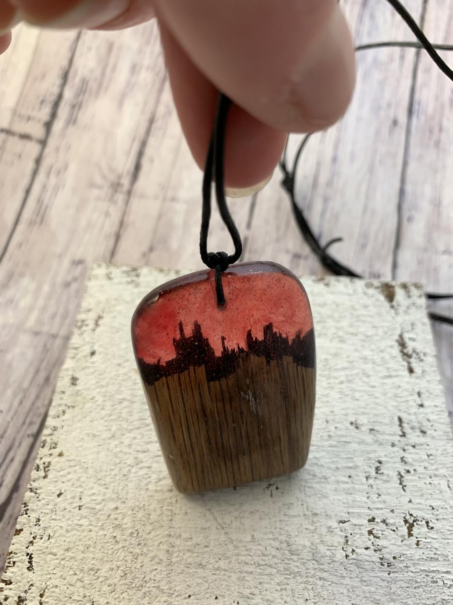 Resin and Wood- fantasy lanscape necklace red picture