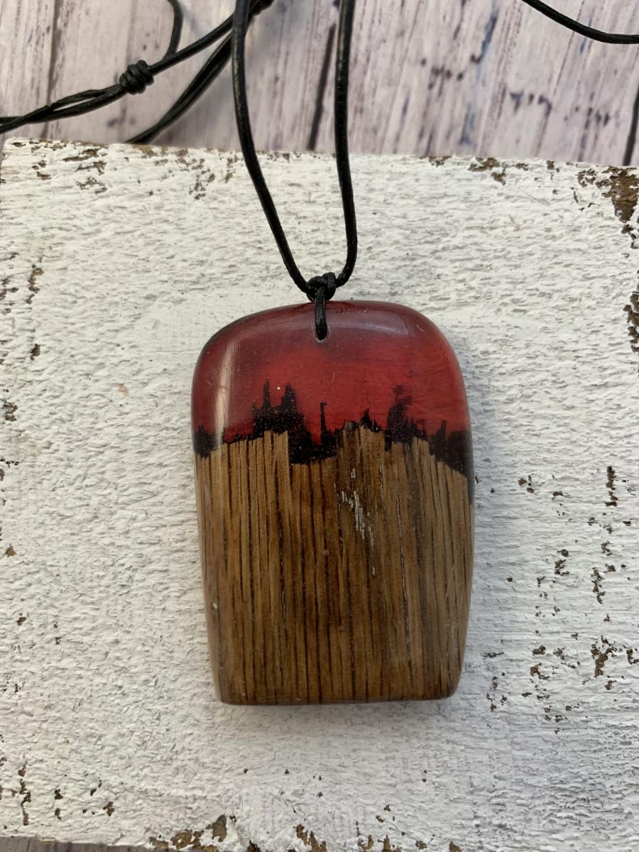 Resin and Wood- fantasy lanscape necklace red picture