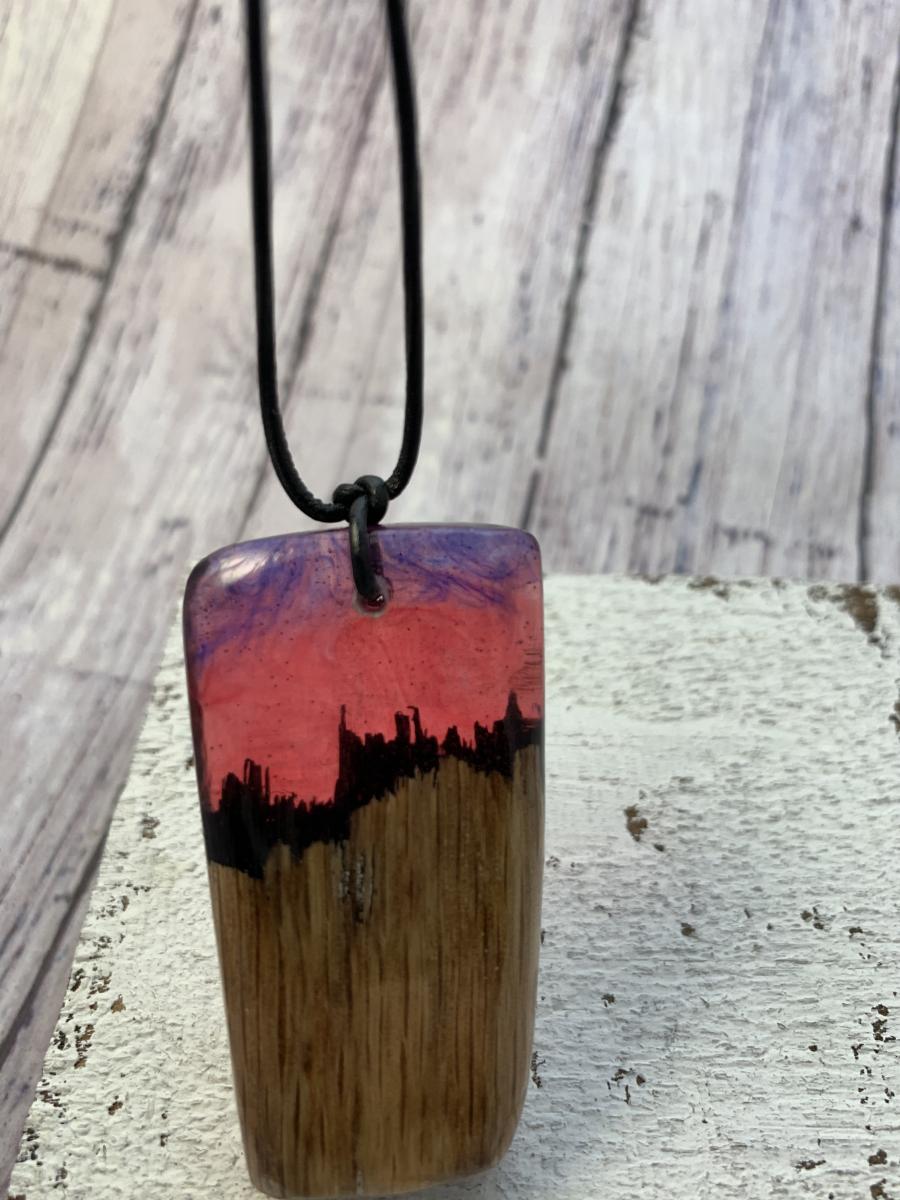 Resin and Wood- fantasy landscape- red with blue picture