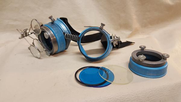 Blue Steampunk Engineer Goggles With Triple Silver Magnifying Loupes picture