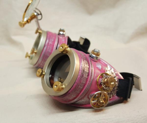 Pink Steampunk Engineer Goggles With Large Magnifying Loupe picture