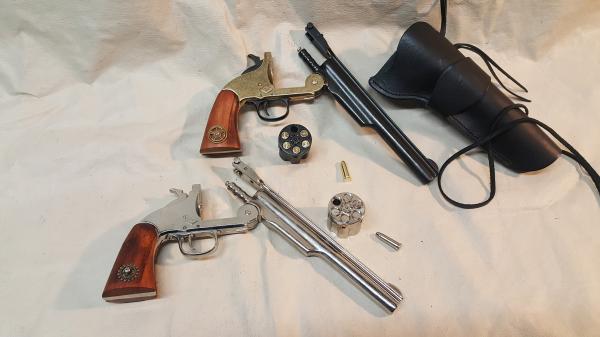 1869 Schofield Nickel or Brass/Gunmetal Revolver Non Firing Replica w/Holster picture