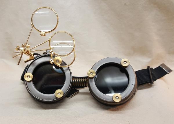 Steampunk Distressed Brown Engineer Goggles With Golden Loupes picture
