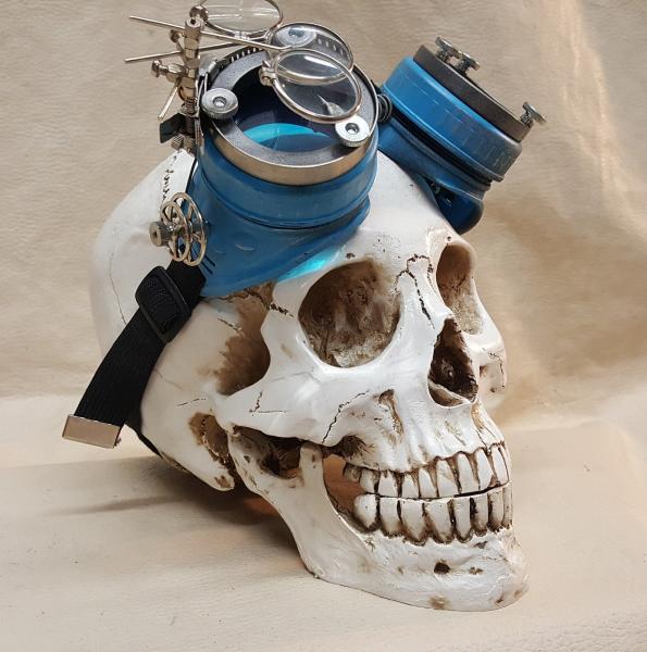 Blue Steampunk Engineer Goggles With Triple Silver Magnifying Loupes
