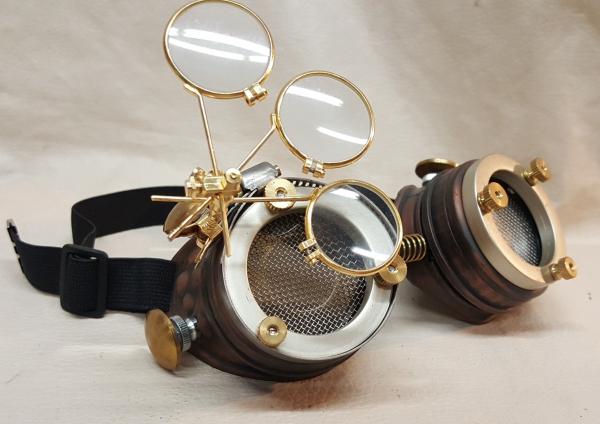 Steampunk Copper Engineer Goggles With Triple Golden Loupes picture