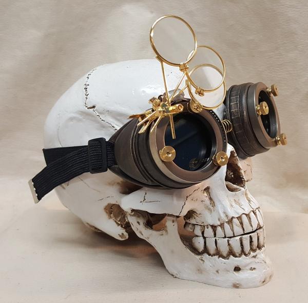 Steampunk Distressed Brown Engineer Goggles With Golden Loupes picture