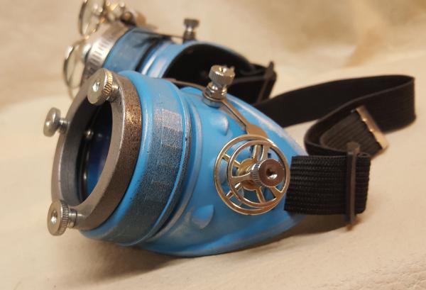 Blue Steampunk Engineer Goggles With Triple Silver Magnifying Loupes picture