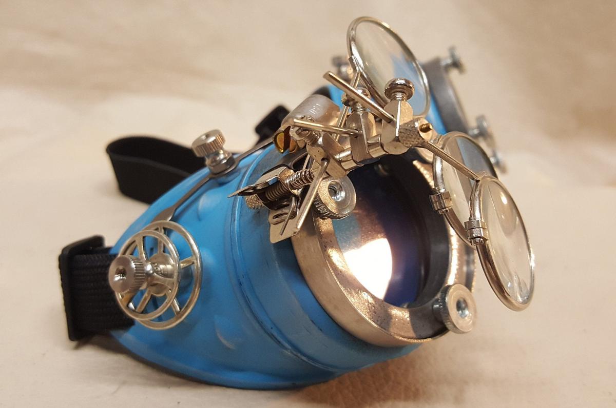 Blue Steampunk Engineer Goggles With Triple Silver Magnifying Loupes picture