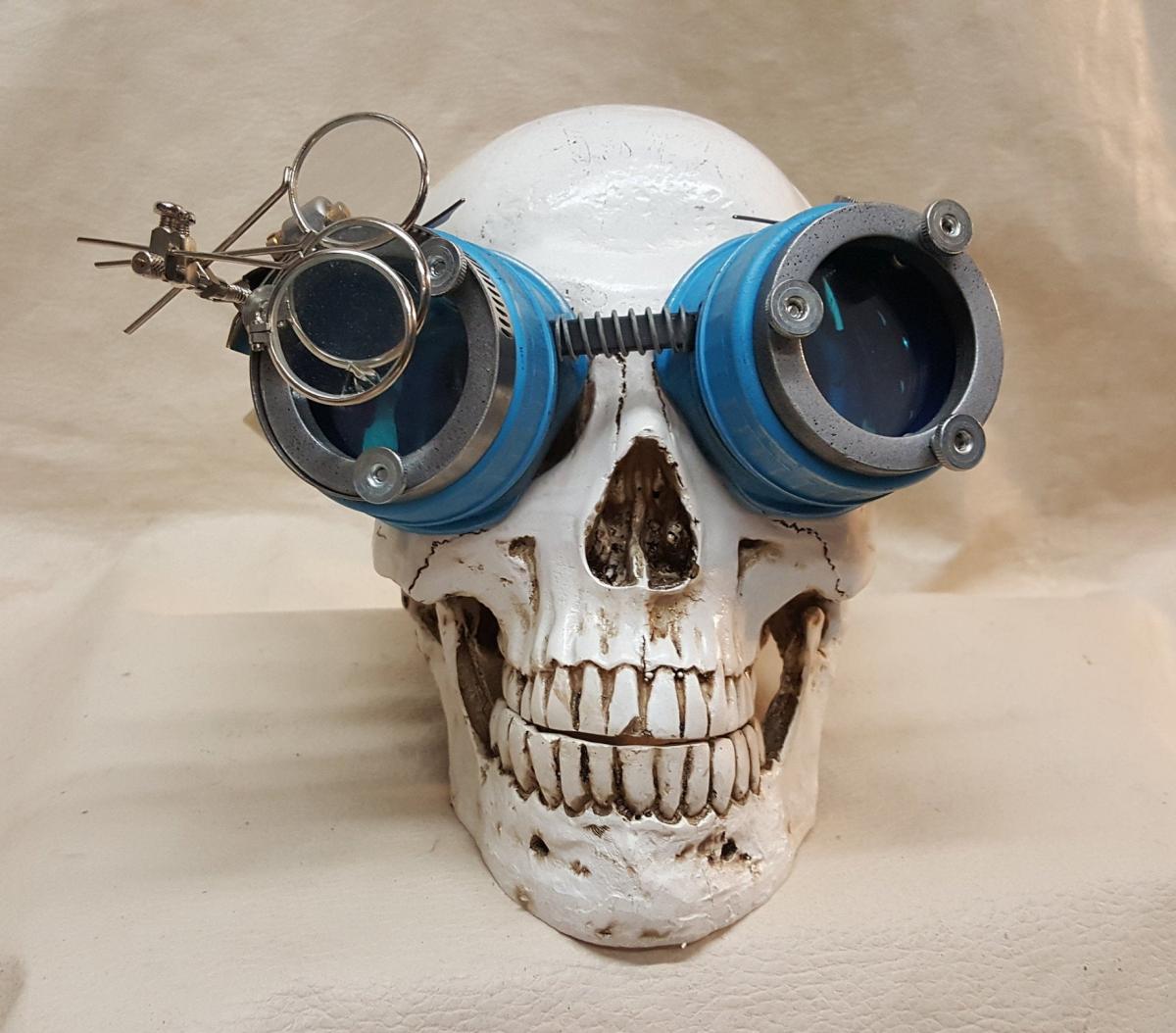 Blue Steampunk Engineer Goggles With Triple Silver Magnifying Loupes picture