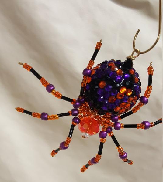 Steampunk Beaded Orange and Purple Opalescent Be-Jeweled Halloween Spider picture