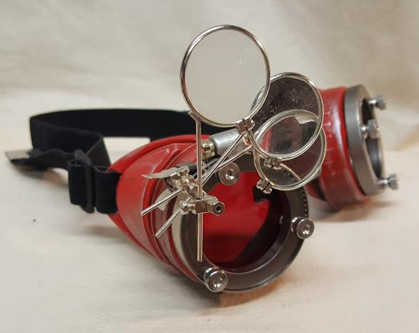 Steampunk Red Engineer Goggles With Triple Silver Loupes picture