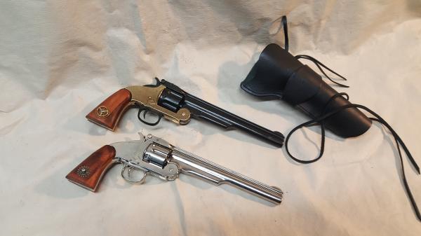 1869 Schofield Nickel or Brass/Gunmetal Revolver Non Firing Replica w/Holster picture