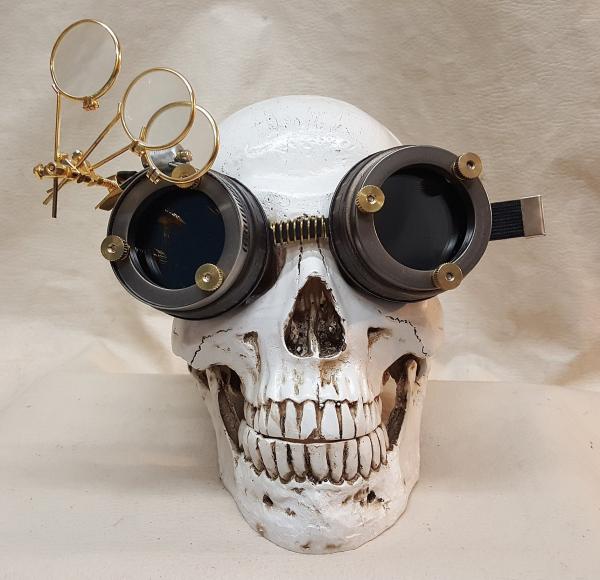 Steampunk Distressed Brown Engineer Goggles With Golden Loupes picture